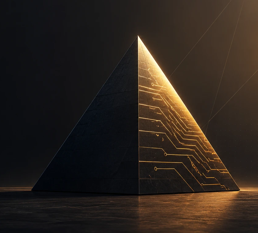 A dark stone pyramid lit in gold, with circuit lines engraved in its side